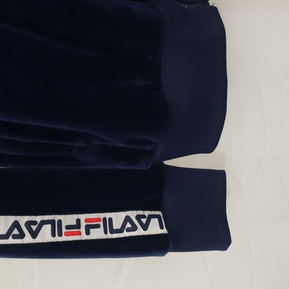 90's Style Fila Navy Blue Velour Velvet Zip-Up Hoodie Logo Down Arms Large - Picture 6 of 11